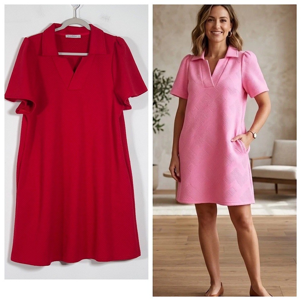 See and Be Seen Elaina Textured Mini Dress Womens Sz L Red Short Sleeve V-Neck